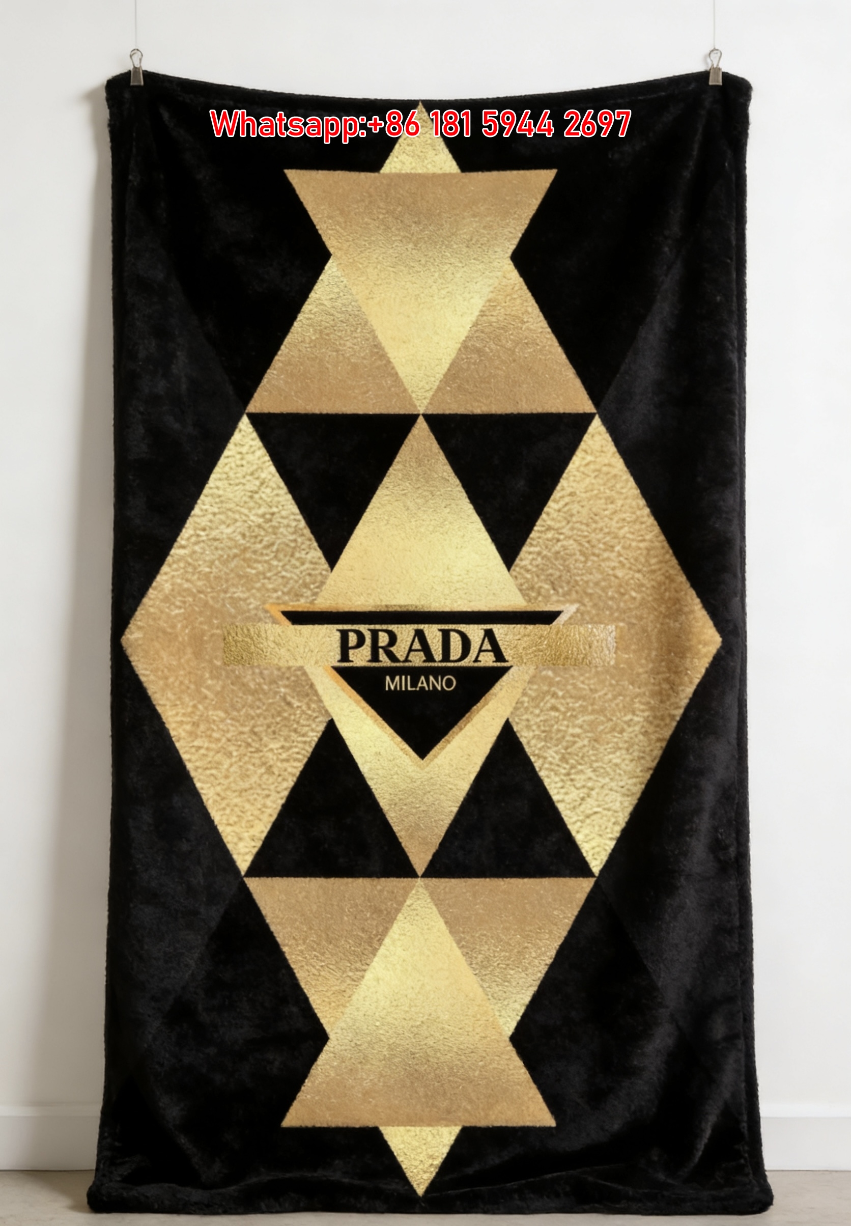Prada Black And Gold Geometric Triangle Print Flannel Throw Blanket IMG_2737